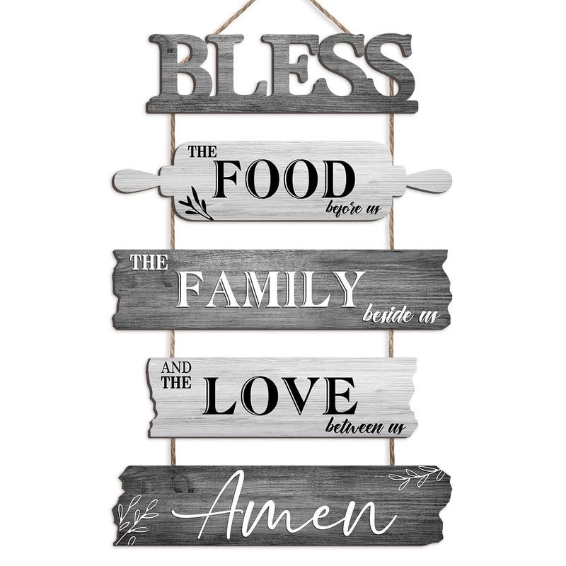 Pigort Kitchen Wall Decor Bless the Food Before Us Dining Room Wall Decor Farmhouse Wall Art For Kitchen Dining Room Wooden Rustic 5pcs Roped Sign 12x18 Inches Grey