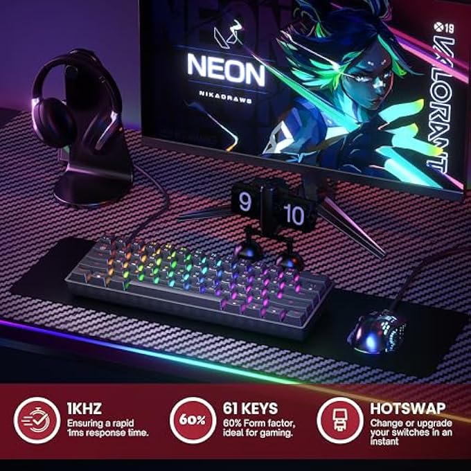 rayihni GK61 60% V3 | HOTSWAP MECHANICAL GAMING KEYBOARD | 61 KEYS MULTICOLOR RGB LED BACKLIT FOR PC/MAC GAMER | US LAYOUT (BLACK, SILVER MECHANICAL SPEED) - Image 2