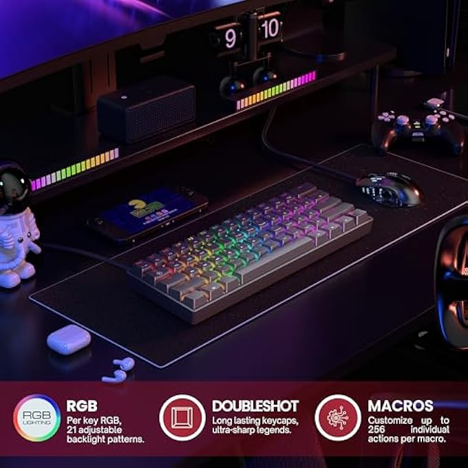 rayihni GK61 60% V3 | HOTSWAP MECHANICAL GAMING KEYBOARD | 61 KEYS MULTICOLOR RGB LED BACKLIT FOR PC/MAC GAMER | US LAYOUT (BLACK, SILVER MECHANICAL SPEED) - Image 3