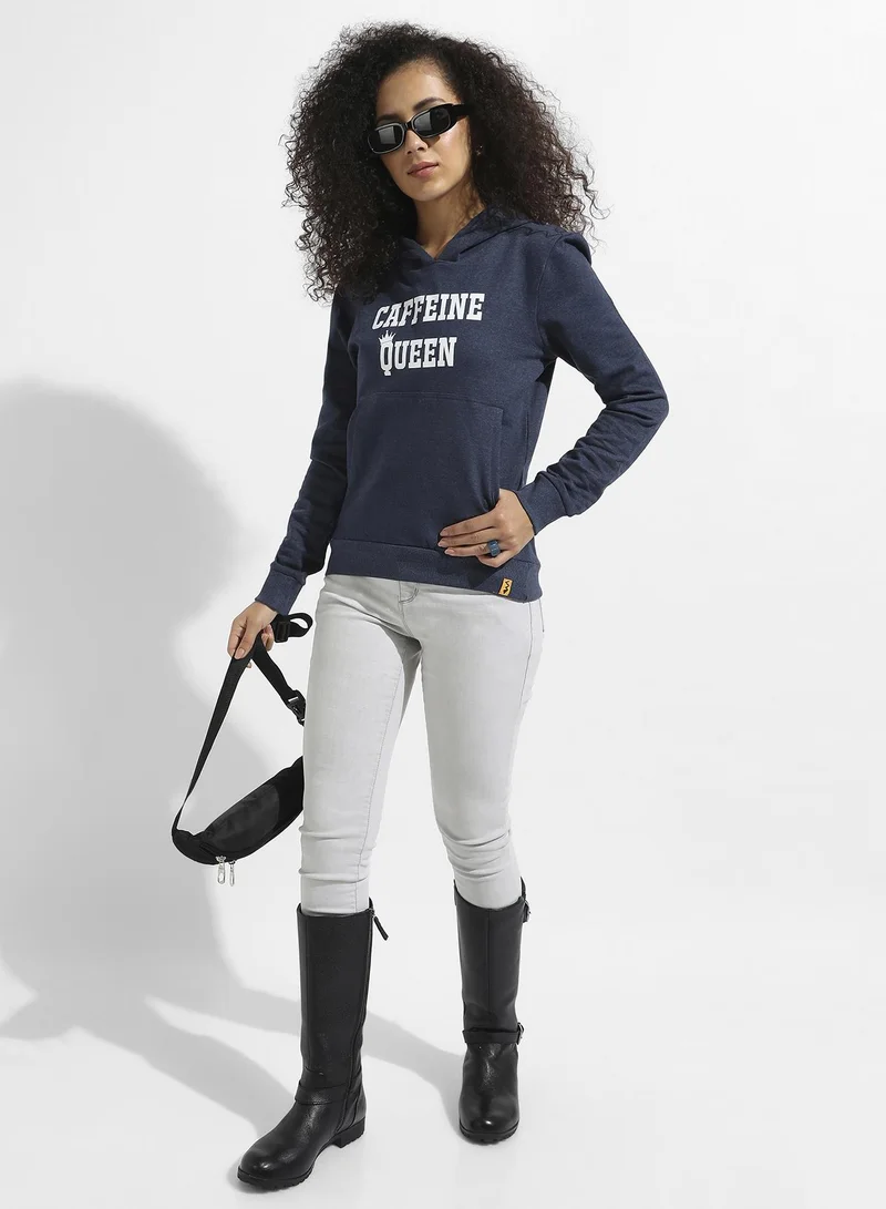 Campus Sutra Women's Blue Caffeine Queen Hoodie With Kangaroo Pockets