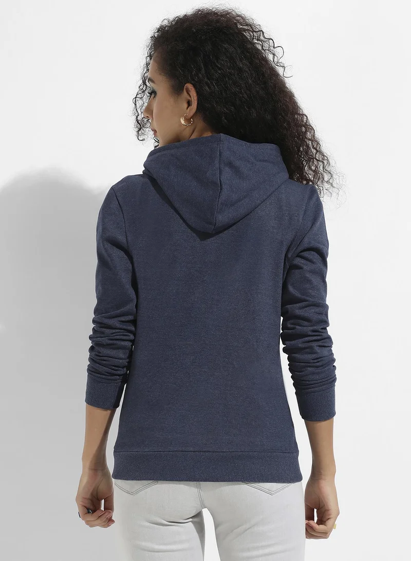 Campus Sutra Women's Blue Caffeine Queen Hoodie With Kangaroo Pockets