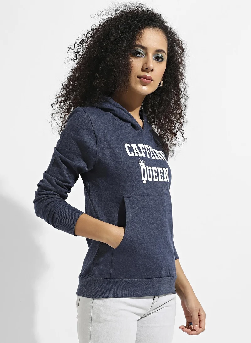 Campus Sutra Women's Blue Caffeine Queen Hoodie With Kangaroo Pockets