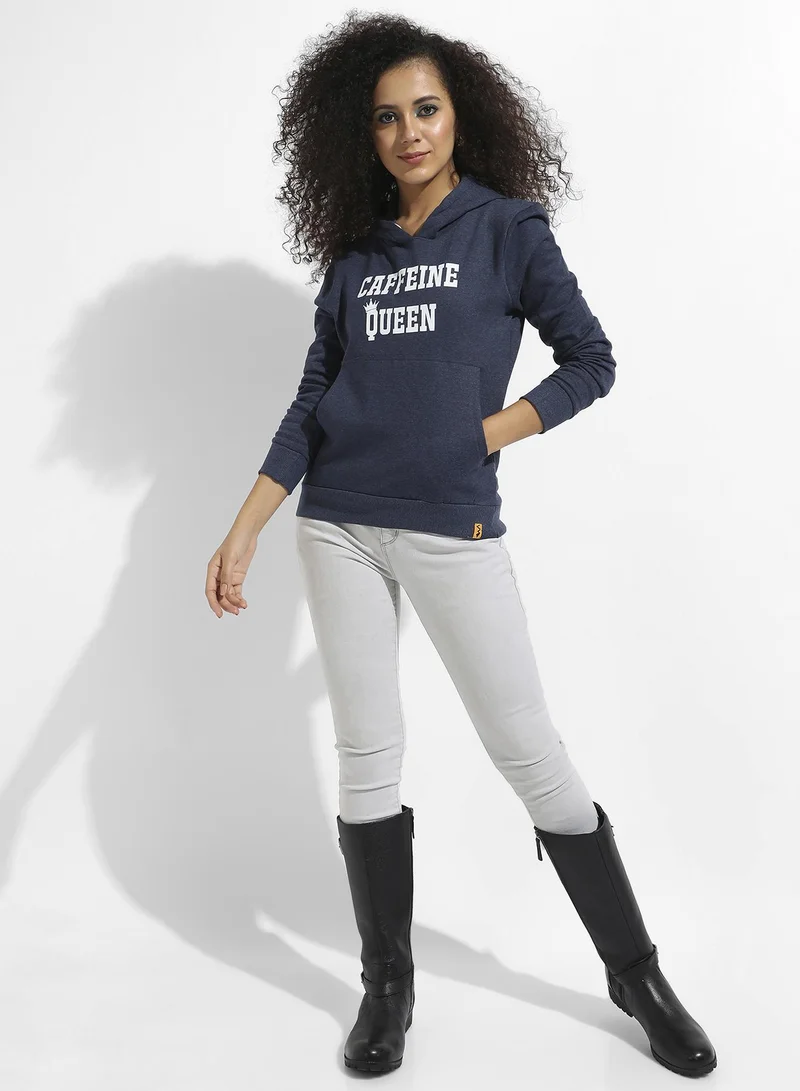 Campus Sutra Women's Blue Caffeine Queen Hoodie With Kangaroo Pockets