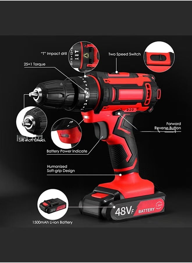 48V Variable Speed ​​Drive Drill, 25+3 Position Clutch, 186 lbs Max Torque, Two Li-Ion Batteries and Fast Charger, 3/8" Drill Kit, LED Work Light, 24 Accessories + 32 Position Box, Red - pzsku/ZCF7734960E1AE894B7DEZ/45/_/1740831267/69d29844-8fd1-4191-b245-a455d1570790