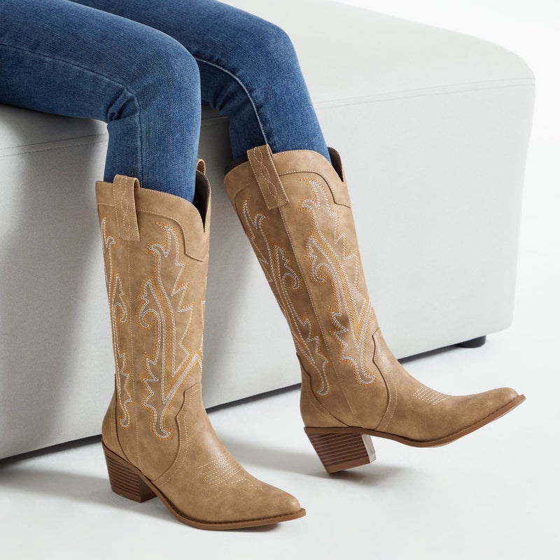 Athlefit Women's Embroidered Western Cowboy Boots Fashion Pointed Toe Chunky Heel Mid Calf Cowgirl Boots Tan Size 5.5 - Image 2