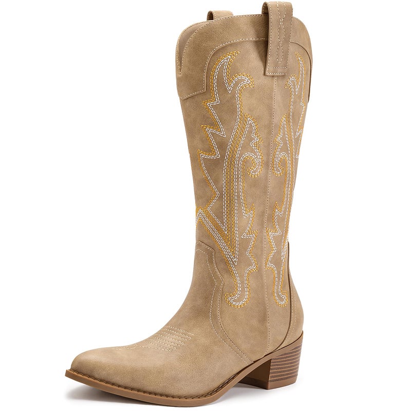 Athlefit Women's Embroidered Western Cowboy Boots Fashion Pointed Toe Chunky Heel Mid Calf Cowgirl Boots Tan Size 5.5 - Image 4