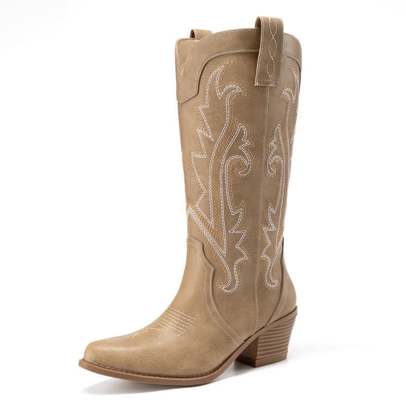 Athlefit Women's Embroidered Western Cowboy Boots Fashion Pointed Toe Chunky Heel Mid Calf Cowgirl Boots Tan Size 5.5 - Image 1