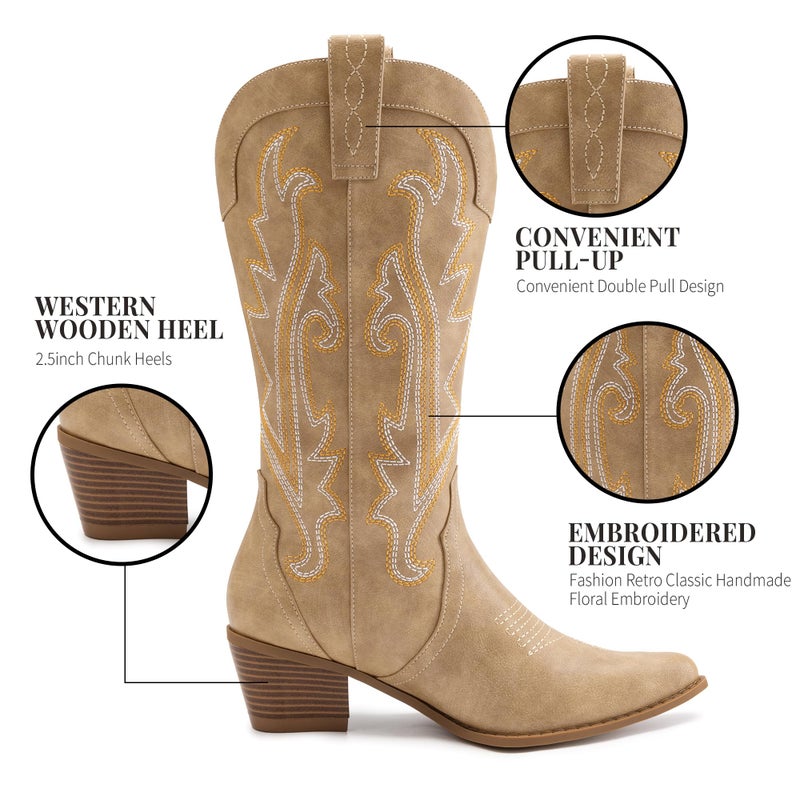 Athlefit Women's Embroidered Western Cowboy Boots Fashion Pointed Toe Chunky Heel Mid Calf Cowgirl Boots Tan Size 5.5 - Image 5