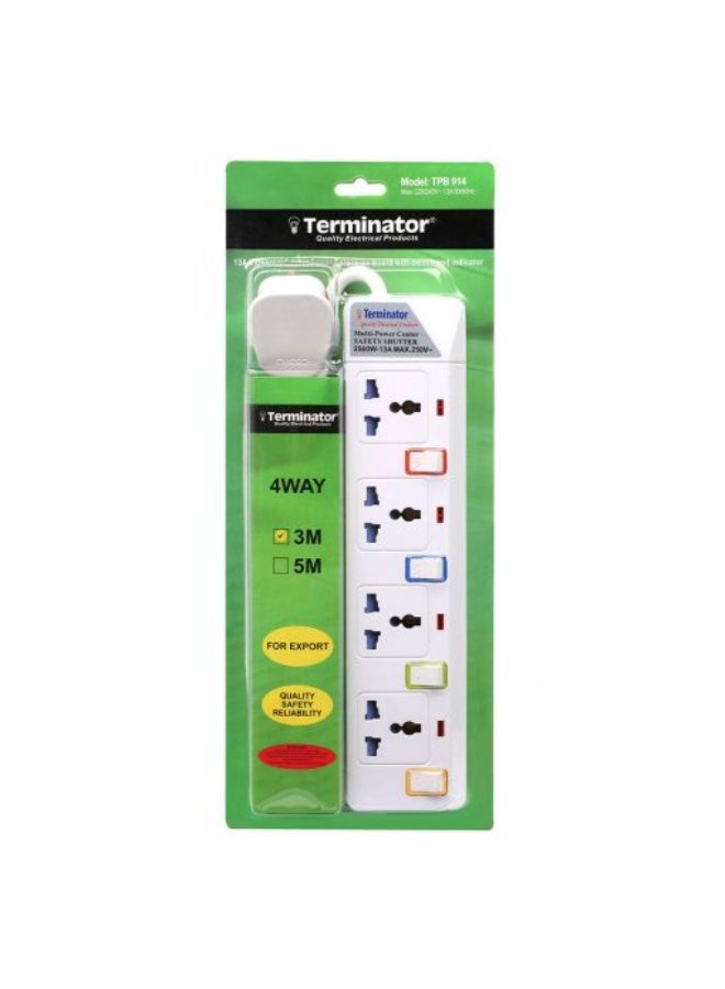 Terminator TPB 914 -3M  4 Way Universal Power Extension Socket With Individual Switches & Indicators - Image 1