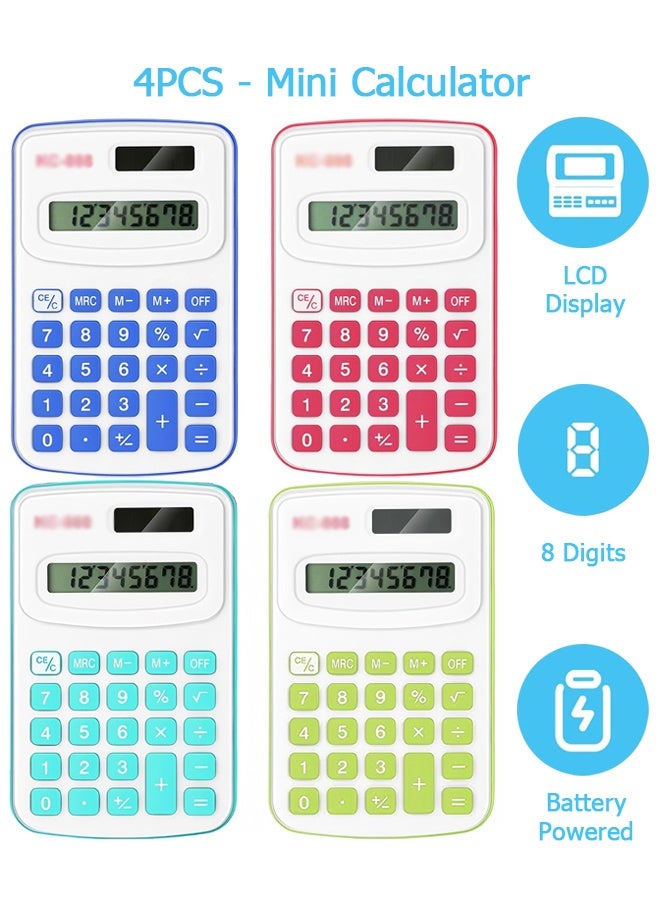دبليو أف أف أو ٤ قطع حاسبات صغيرة - حاسبات جيب صغيرة - حاسبات يدوية أساسية بأزرار قياسية، شاشة عرض ٨ أرقام، مناسبة للمدرسة، المكتب، المنزل - ٤ ألوان - Image 1
