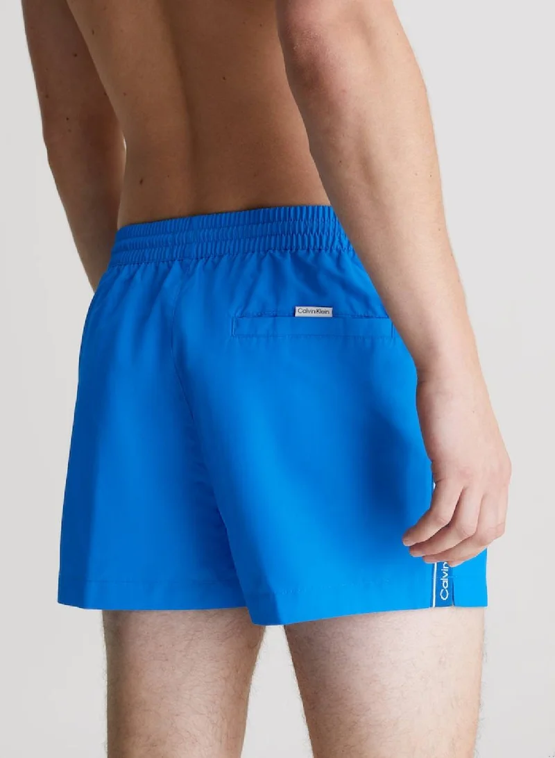 CALVIN KLEIN Men's Short Drawstring Swim Shorts - Logo Tape - Polyester, Blue