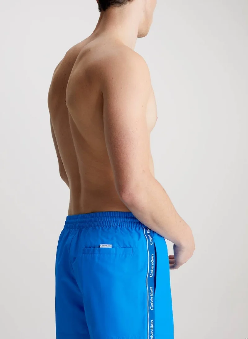 CALVIN KLEIN Men's Short Drawstring Swim Shorts - Logo Tape - Polyester, Blue