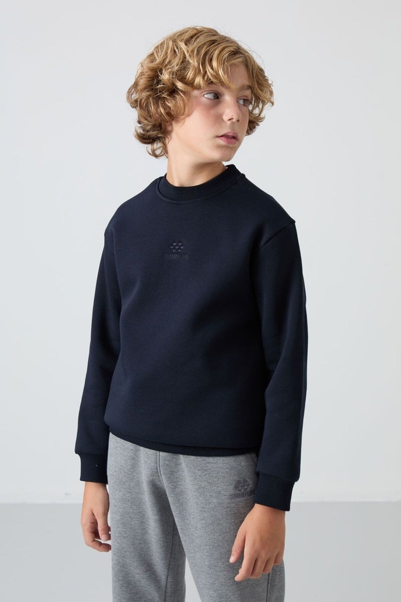 Tommy Life Navy Blue Cotton Thick Fluffy Soft Texture Standard Fit Embroidered Boy's Sweatshirt - 11232  - Image 1
