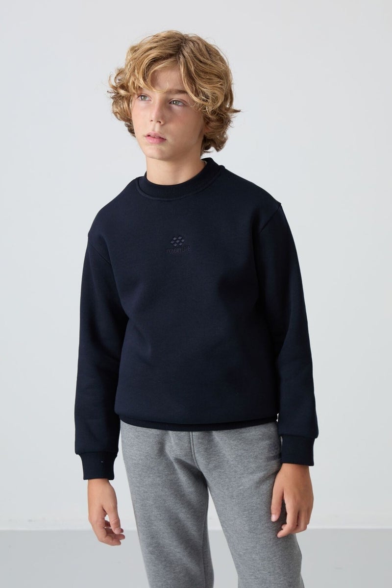 Tommy Life Navy Blue Cotton Thick Fluffy Soft Texture Standard Fit Embroidered Boy's Sweatshirt - 11232  - Image 4