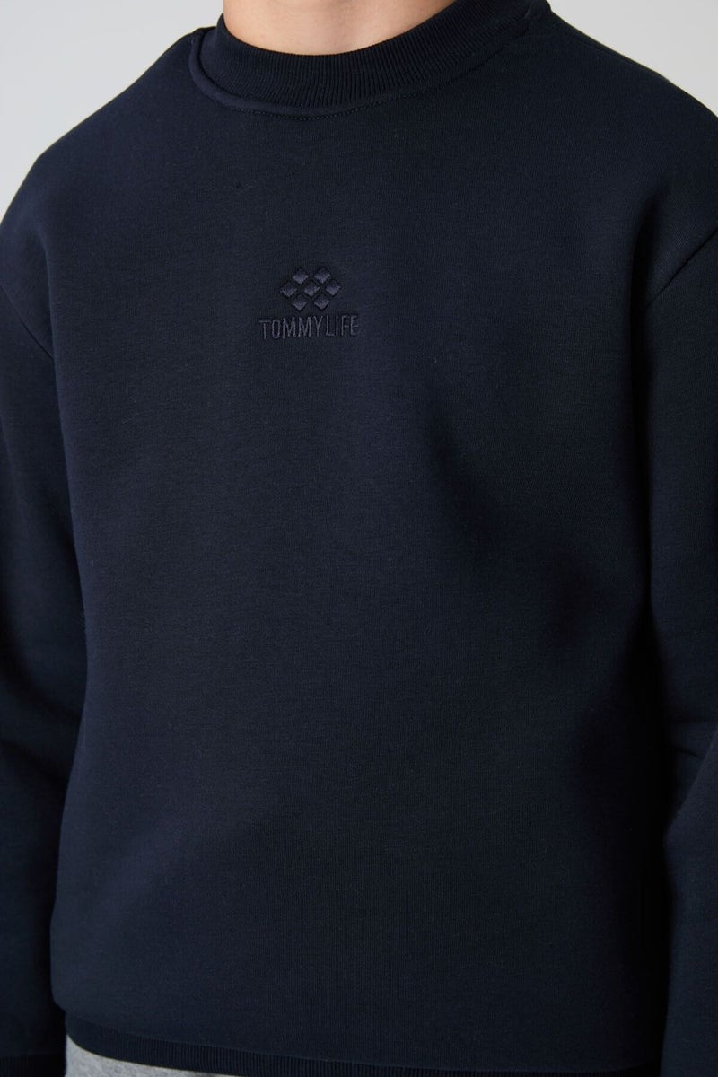 Tommy Life Navy Blue Cotton Thick Fluffy Soft Texture Standard Fit Embroidered Boy's Sweatshirt - 11232  - Image 3
