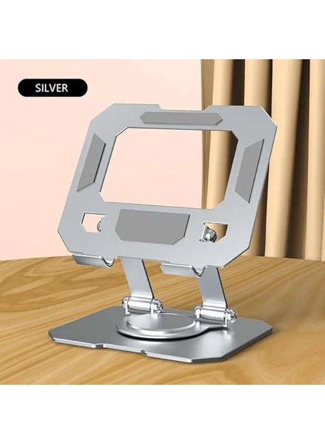 Desktop tablet stand, 360-degree rotating base, metal frame, foldable, with high stability and strong load-bearing capacity, compatible with iPads, tablets, mobile phones, and e-readers - Silver - Image 2