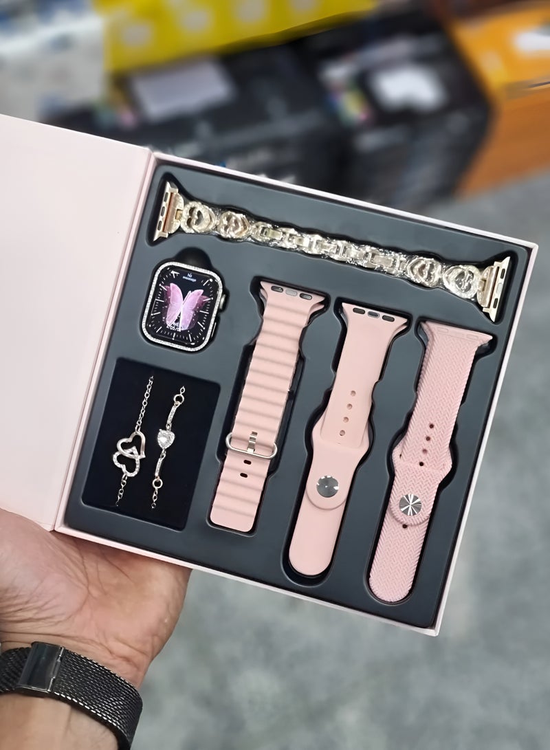 ساعة ذكية G10 mini حريمي مزينة بالجواهر شاشة اموليد 4 استراب + 2 انسيال (جولد)