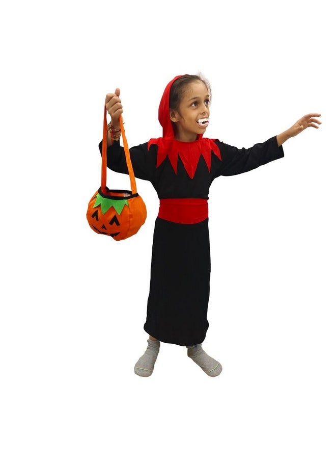 BookMyCostume - BookMyCostume Vampire Costume for Boys Red and Black Dracula Halloween Costume for Boys with attached Hoodie with Vampire Teeth and Pumpkin basket Combo 6-7 Years - Image 1