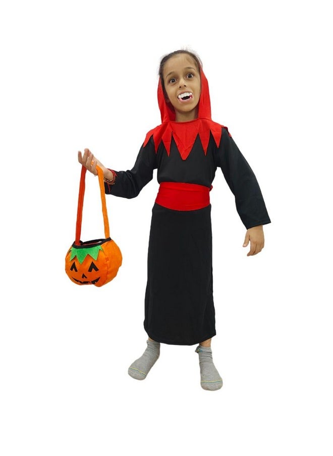 BookMyCostume - BookMyCostume Vampire Costume for Boys Red and Black Dracula Halloween Costume for Boys with attached Hoodie with Vampire Teeth and Pumpkin basket Combo 6-7 Years - Image 1