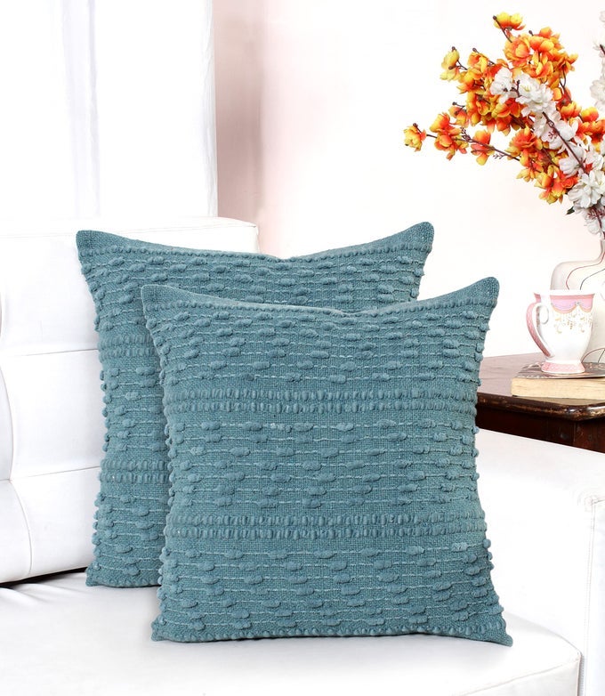 BOHO THROW PILLOW COVER 18X18 INCH 2 PC COTTON HAND WOVEN DECORATIVE DESIGN PILLOWS FOR FARMHOUSE COUCH SOFA BEDROOM TEAL TUFTED PILLOW COVERS HOME DECOR TEXTURED HUG PILLOWCASES