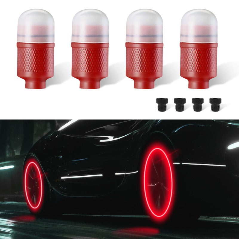 Lecctso 4PCS LED Tire Valve Cap Lights Neon Spoke Flash Light Bulb Tire Valve Lights Waterproof Wheel Tyre Valve Dust Cap Cool Car Accessories Universal for Bike Motorcycle Truck Red