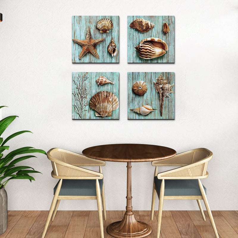 YOOOAHU Rustic Beach Wall Art Nautical Bathroom Decor Coastal Seashell Poster Farmhouse Teal Blue Ocean Conch Shell Canvas Prints Beachy Starfish Pictures for Living Room Bedroom Home Decorations 12x12" 4 Pcs - Image 2