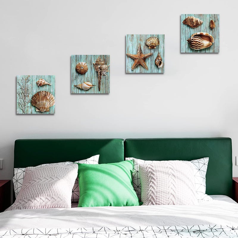 YOOOAHU Rustic Beach Wall Art Nautical Bathroom Decor Coastal Seashell Poster Farmhouse Teal Blue Ocean Conch Shell Canvas Prints Beachy Starfish Pictures for Living Room Bedroom Home Decorations 12x12" 4 Pcs - Image 4
