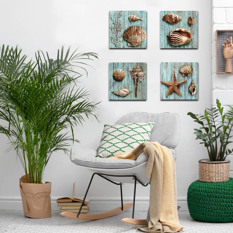 YOOOAHU Rustic Beach Wall Art Nautical Bathroom Decor Coastal Seashell Poster Farmhouse Teal Blue Ocean Conch Shell Canvas Prints Beachy Starfish Pictures for Living Room Bedroom Home Decorations 12x12" 4 Pcs - Image 3