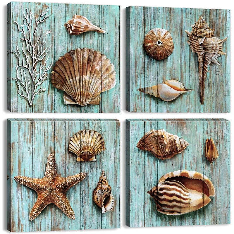 YOOOAHU Rustic Beach Wall Art Nautical Bathroom Decor Coastal Seashell Poster Farmhouse Teal Blue Ocean Conch Shell Canvas Prints Beachy Starfish Pictures for Living Room Bedroom Home Decorations 12x12" 4 Pcs - Image 1