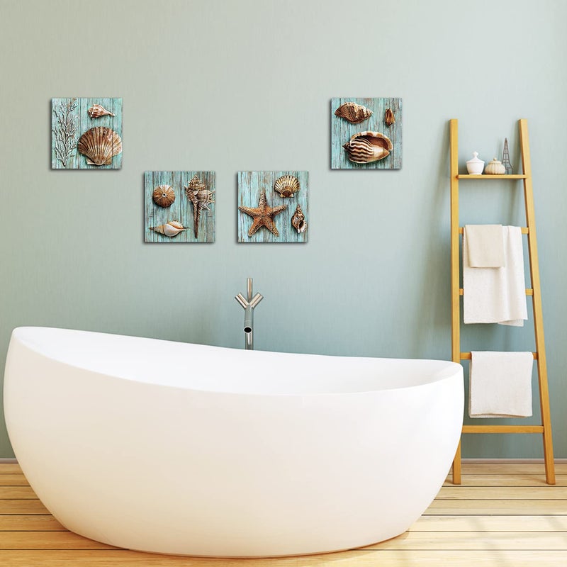 YOOOAHU Rustic Beach Wall Art Nautical Bathroom Decor Coastal Seashell Poster Farmhouse Teal Blue Ocean Conch Shell Canvas Prints Beachy Starfish Pictures for Living Room Bedroom Home Decorations 12x12" 4 Pcs - Image 5