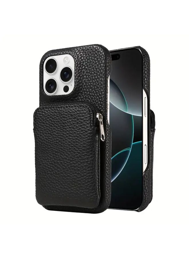Black Faux Leather Phone Case with Zipper Pouch for Galaxy S23 Ultra Provides Drop Protection - Image 2