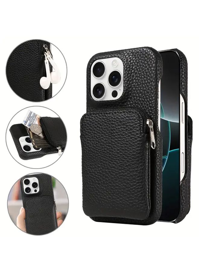 Black Faux Leather Phone Case with Zipper Pouch for Galaxy S23 Ultra Provides Drop Protection - Image 1