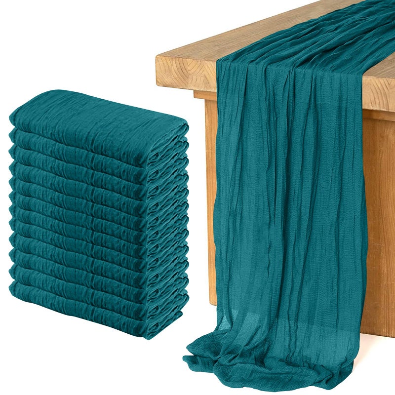 KEEPSHOWING 12 Pack Cheesecloth Table Runner, Runner Gauze Boho Wedding Decor Romantic Table Runner for Wedding Birthday Party(35" x 118")(Peacock Blue) - Image 1