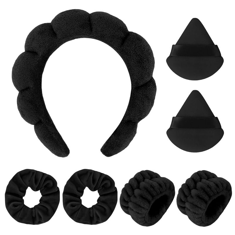 Araluky 7Pc Headband and Wristband Set for Skincare Face Washing Makeup Removal  Includes Terry Cloth Headbands Facial Sponges and Powder Puffs in Black
