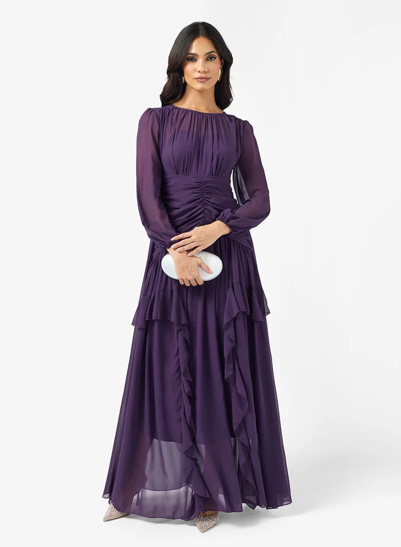 Ruched A-line Dress With Ruffles