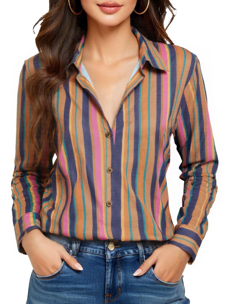 COUXILY Womens Striped Button Down Silk Shirts Classic Long Sleeve Blouses Stylish Collared Office Work Tops Formal Business Casual Outfits for Women Dress Shirt Blouse Wrinkle Free Striped 06 M - Image 1