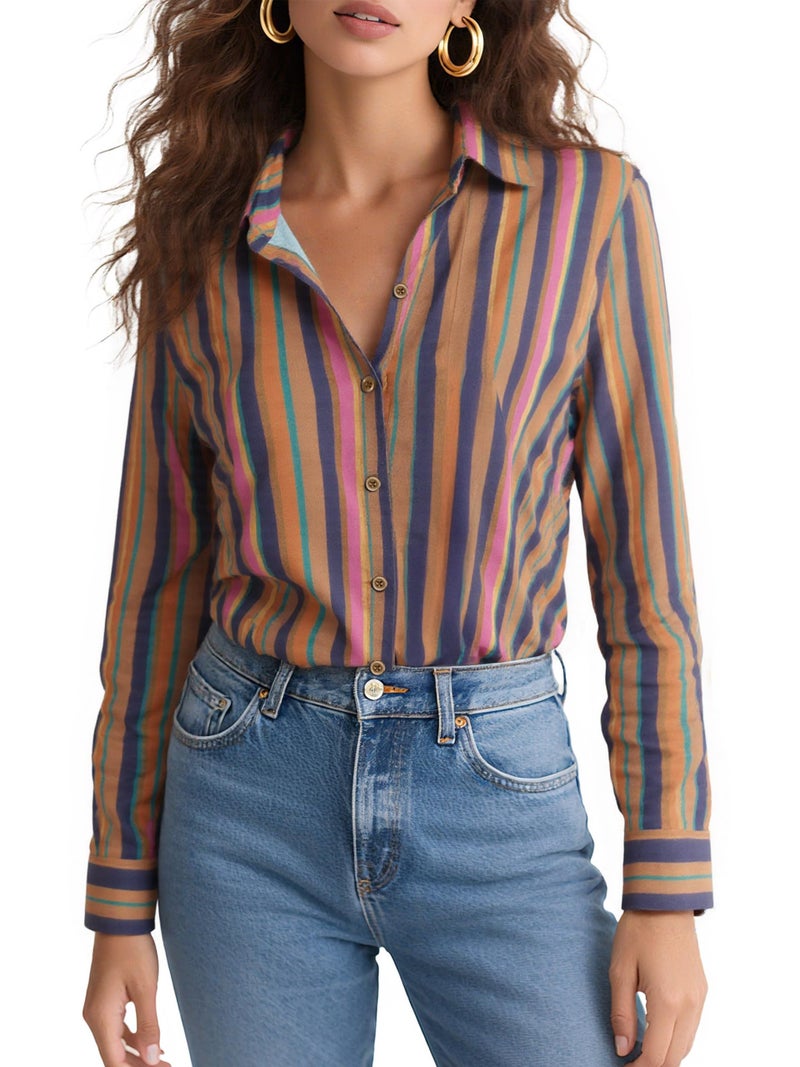 COUXILY Womens Striped Button Down Silk Shirts Classic Long Sleeve Blouses Stylish Collared Office Work Tops Formal Business Casual Outfits for Women Dress Shirt Blouse Wrinkle Free Striped 06 M - Image 2