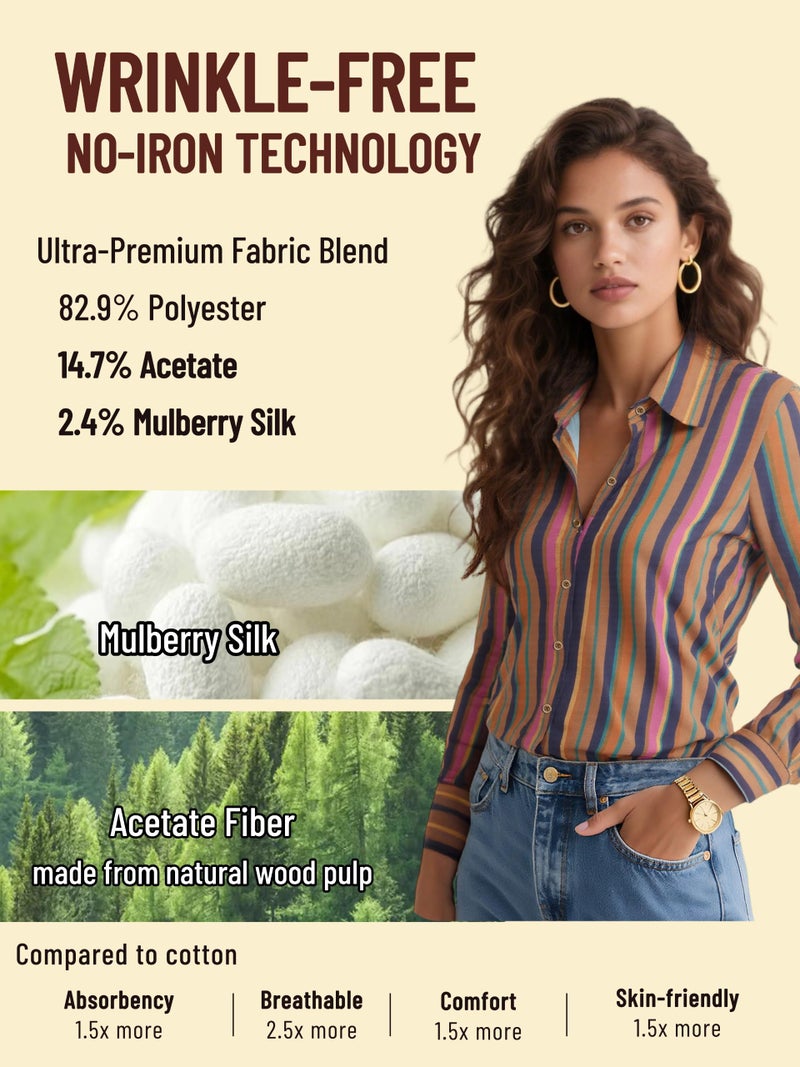 COUXILY Womens Striped Button Down Silk Shirts Classic Long Sleeve Blouses Stylish Collared Office Work Tops Formal Business Casual Outfits for Women Dress Shirt Blouse Wrinkle Free Striped 06 M - Image 3