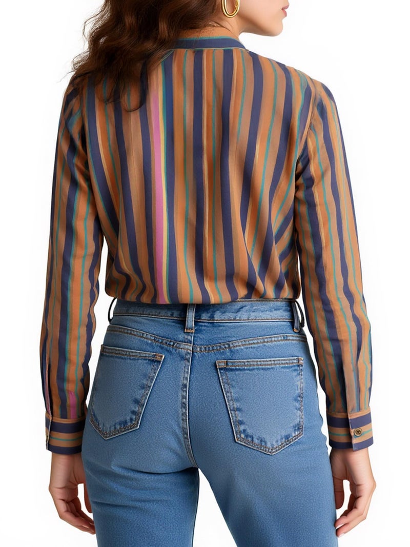 COUXILY Womens Striped Button Down Silk Shirts Classic Long Sleeve Blouses Stylish Collared Office Work Tops Formal Business Casual Outfits for Women Dress Shirt Blouse Wrinkle Free Striped 06 M - Image 5
