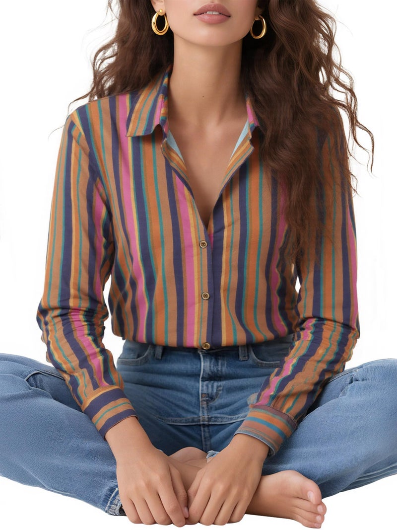 COUXILY Womens Striped Button Down Silk Shirts Classic Long Sleeve Blouses Stylish Collared Office Work Tops Formal Business Casual Outfits for Women Dress Shirt Blouse Wrinkle Free Striped 06 M - Image 4