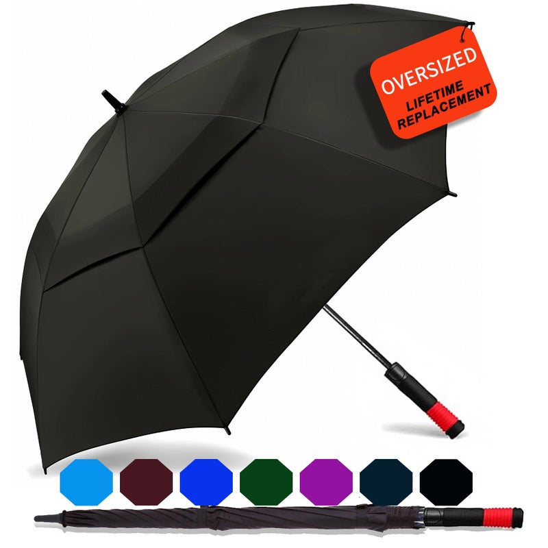 SIEPASA 626872 Inch Automatic Open Golf Umbrella Oversize Extra Large Double Canopy Vented Windproof Waterproof Stick UmbrellaBlack 62Red Handle - Image 2