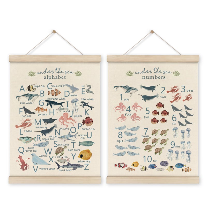 HRQKO Ocean Alphabet Poster Hanger Frame Set of 2 Ocean Nursery Decor Sea Animal Wall Decor ABC Poster Art with Wooden Frames Alphabet Banner Wall Hanging Decor for Playroom Kids Room12x16 Inch - Image 2