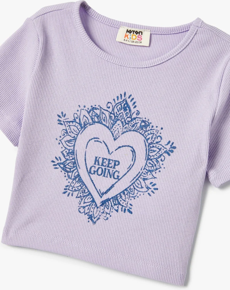 كوتون Slogan Embroidered Crop T-Shirt Slim Fit Crew Neck Short Sleeve