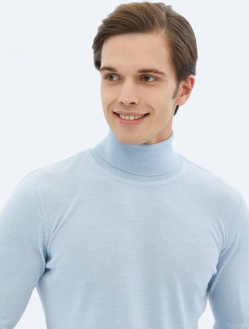 Blue Full Turtleneck Plain Knit Wool Blend Knitwear Sweater