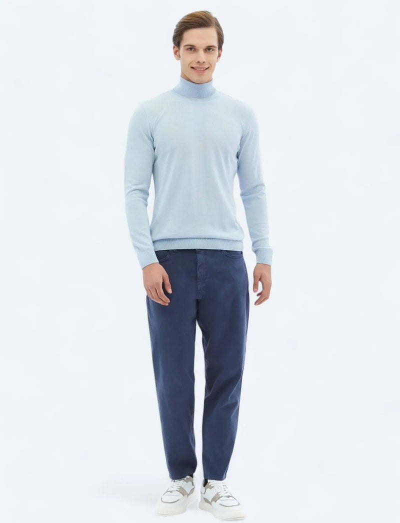 Blue Full Turtleneck Plain Knit Wool Blend Knitwear Sweater