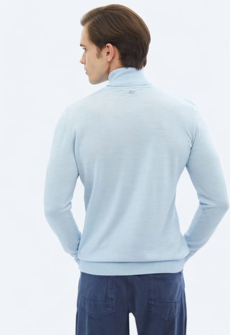 Blue Full Turtleneck Plain Knit Wool Blend Knitwear Sweater