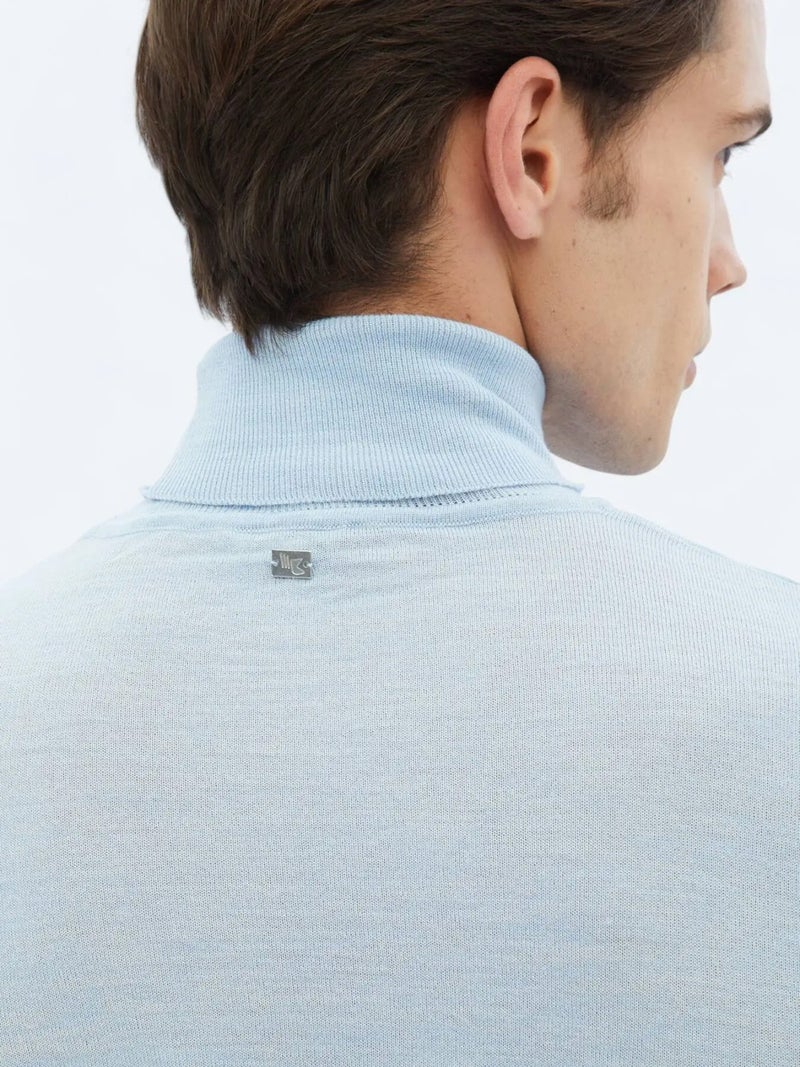 Blue Full Turtleneck Plain Knit Wool Blend Knitwear Sweater