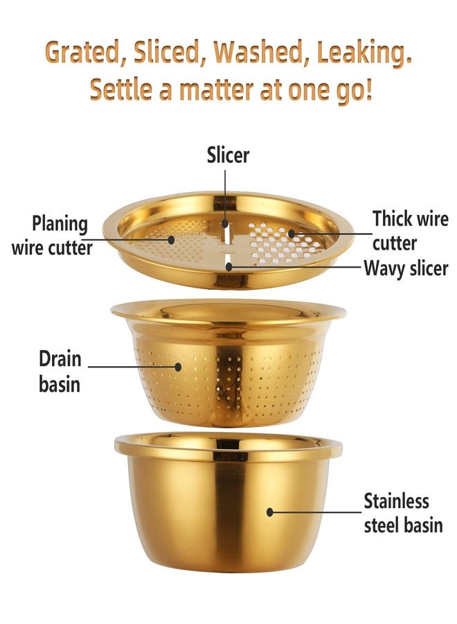 DOCBLACK Colander, 3Pcs Stainless Steel Kitchen Tool 3 in 1 Drain Basket Fruit and Vegetable Cutter Strainer Bowl Set Drain Pot Basket Grater for Fruits Vegetables Rice Washing Mixing - Gold - Image 4