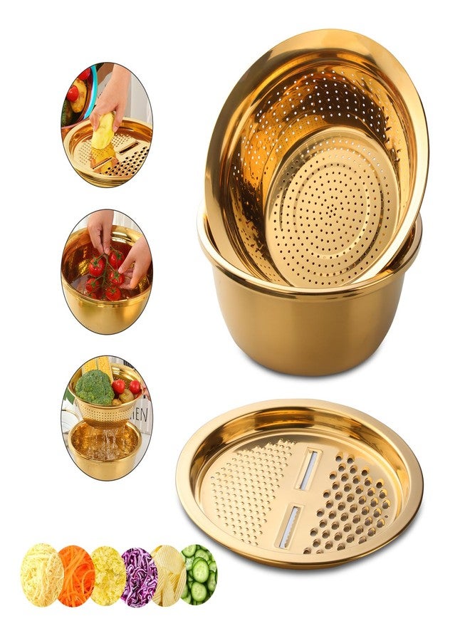 DOCBLACK Colander, 3Pcs Stainless Steel Kitchen Tool 3 in 1 Drain Basket Fruit and Vegetable Cutter Strainer Bowl Set Drain Pot Basket Grater for Fruits Vegetables Rice Washing Mixing - Gold - Image 1