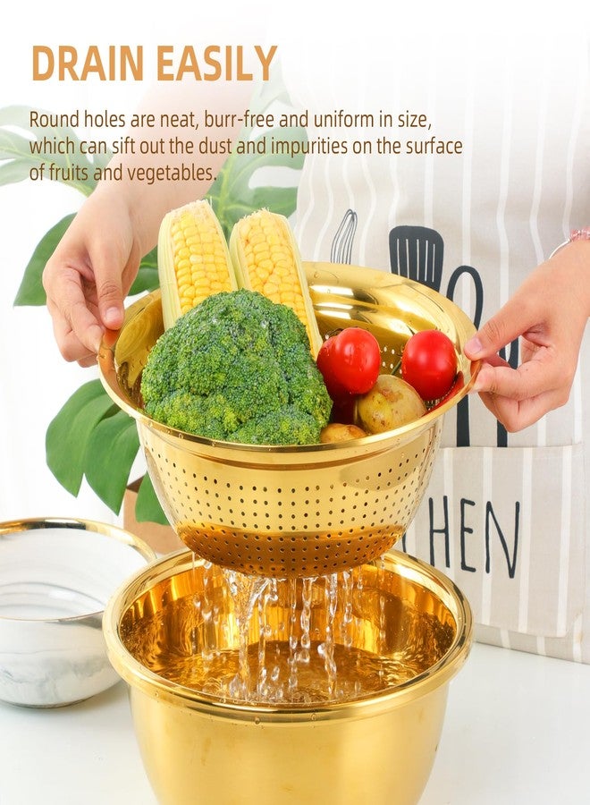 DOCBLACK Colander, 3Pcs Stainless Steel Kitchen Tool 3 in 1 Drain Basket Fruit and Vegetable Cutter Strainer Bowl Set Drain Pot Basket Grater for Fruits Vegetables Rice Washing Mixing - Gold - Image 3